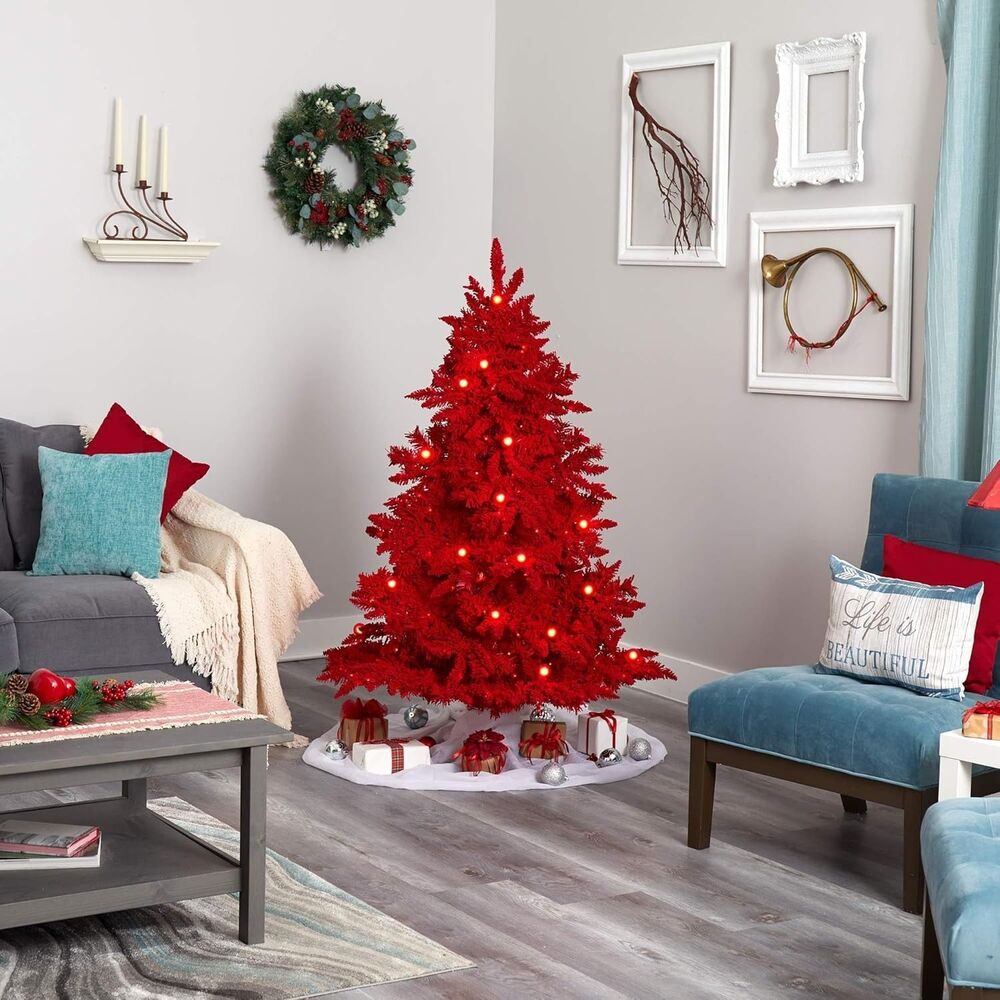 Nearly Natural 5ft. Red Flocked Fraser Fir Artificial Christmas Tree